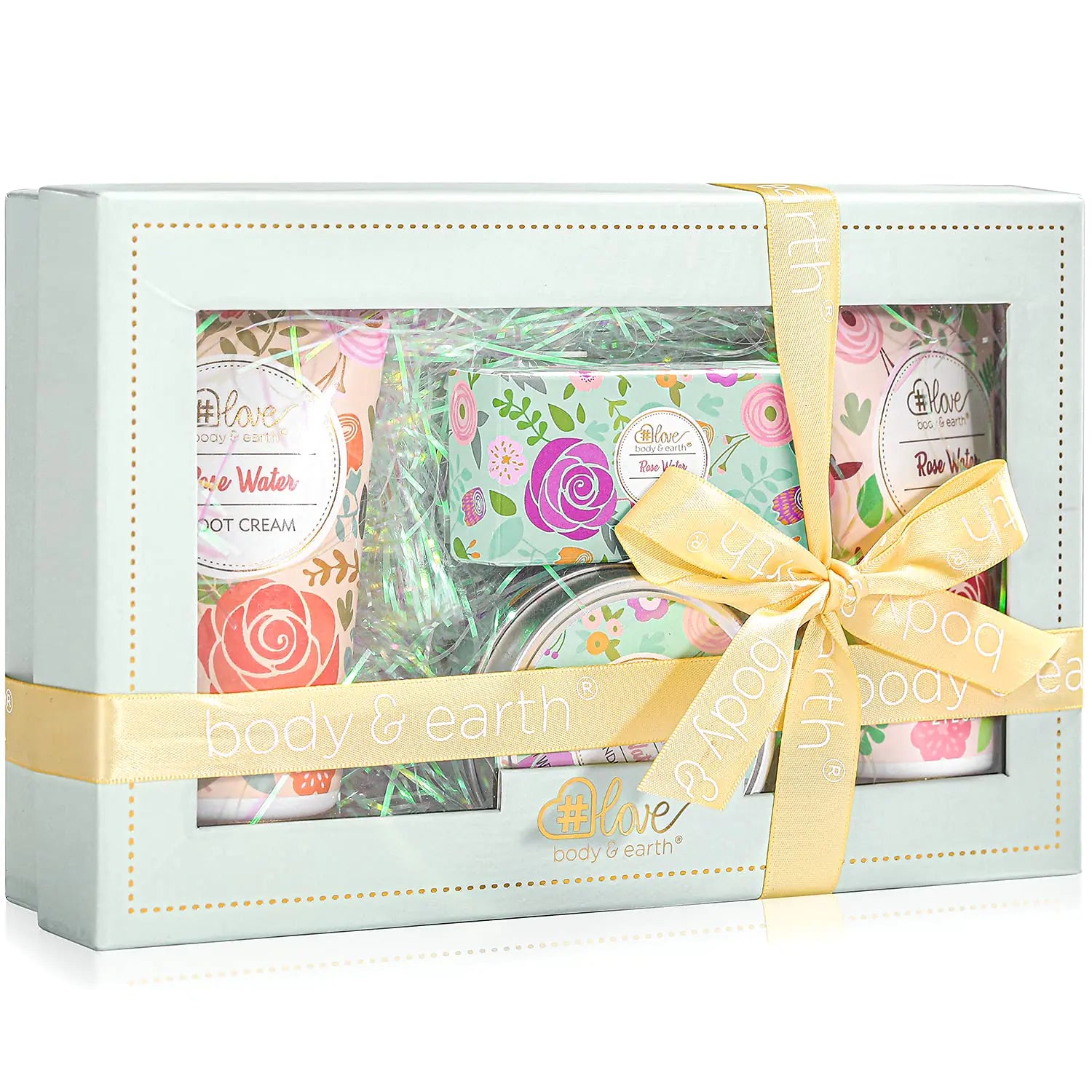 Gift Set for Women Rose Water Scent Gift Box Include Hand Cream Foot Cream Soap Scented Candle 4Pcs Gifts for Women Christmas Birthday