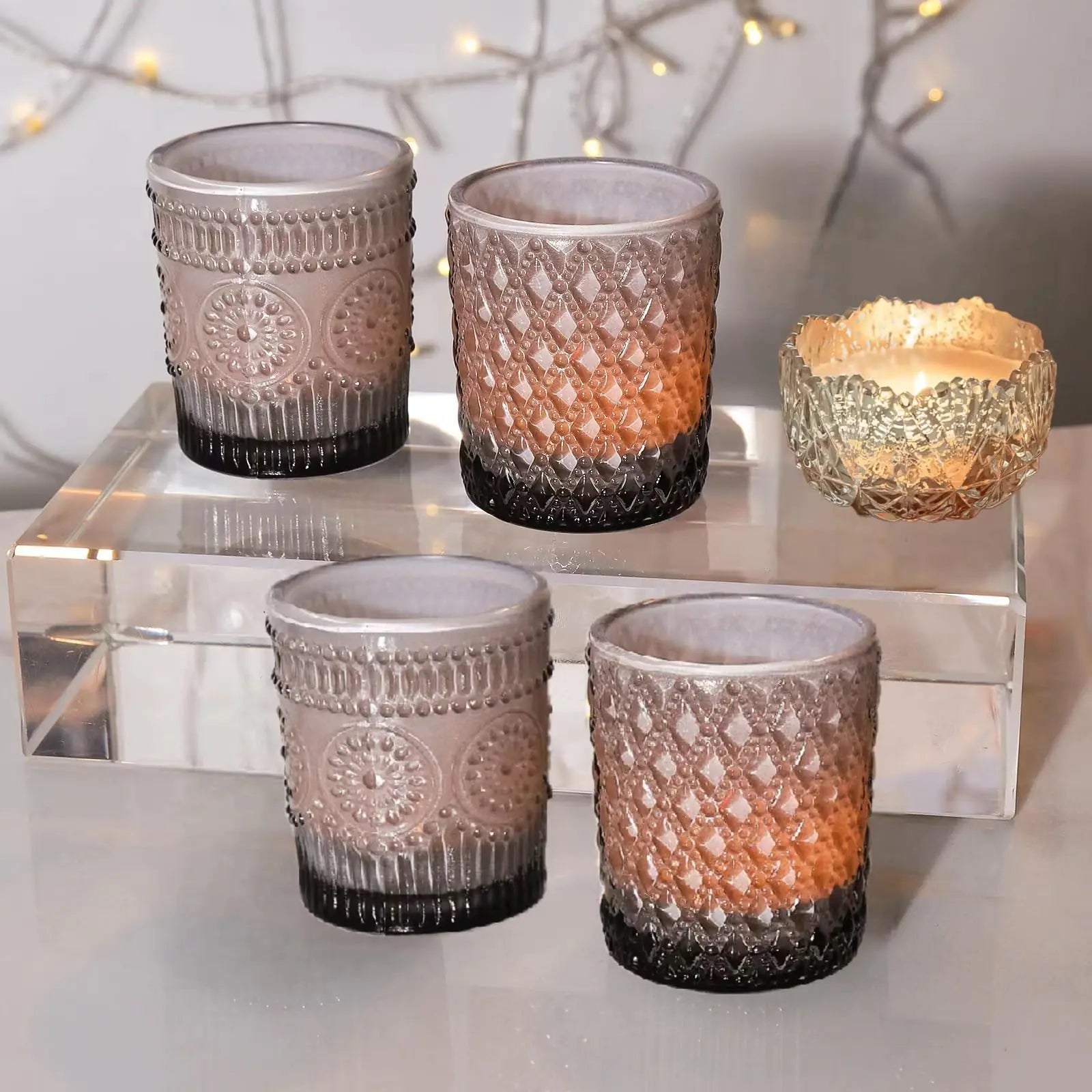 Homipooty 4 ps Grey Clear Glass Votive Candle Holders Vintage Candle Holder Bulk Tealight Candle Holders for Table Centerpieces Home Bridal Shower Birthday Christmas Thanksgiving Party Decor Indoor