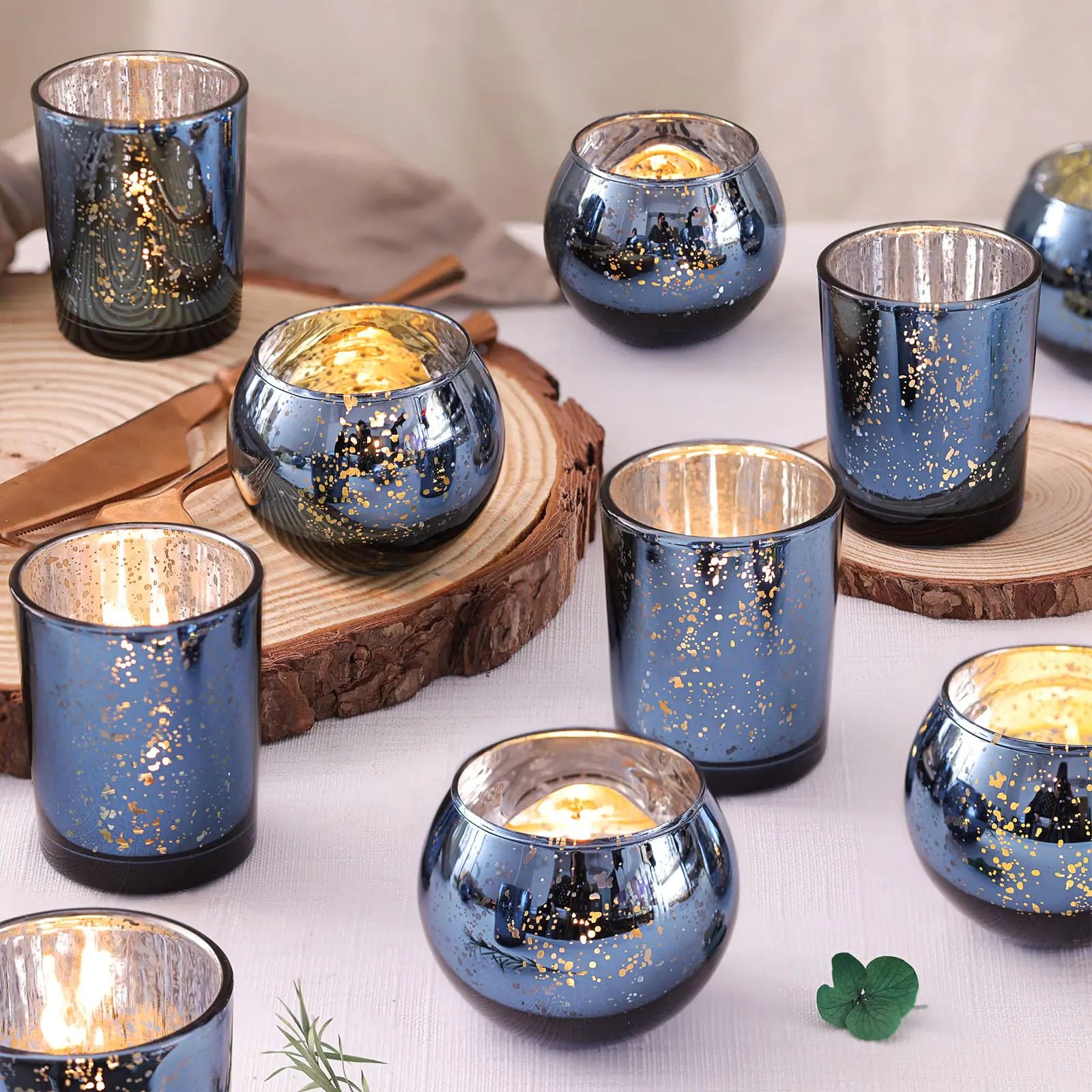 DEVI 12PCS Assorted Blue Votive Candle Holders Mercury Tealight Candle Holder Glass Wedding Table Decorations for Home Party Navy Blue Birthday Graduation Rehearsal Party Dinner Decorations