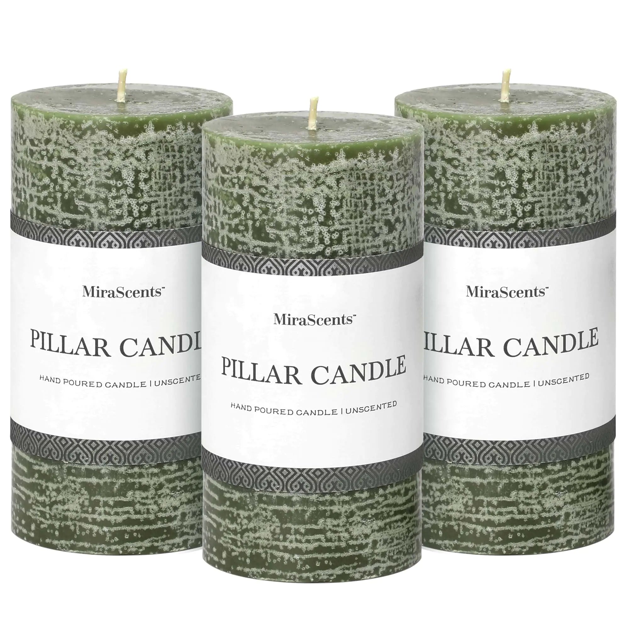 Moss Green 3x6 Pillar Candle Trio - Unscented, Smokeless, Long-Burning