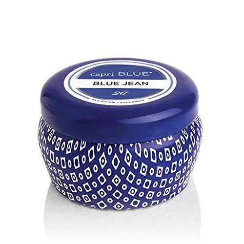 Capri Blue Printed Travel Tin Jar Candle - Luxury Candle with a Soy Wax Blend - Blue Candle with Lid - Scented Candles for Home with Notes of Citrus White Musk & Patchouli (Blue Jean 8.5 oz)