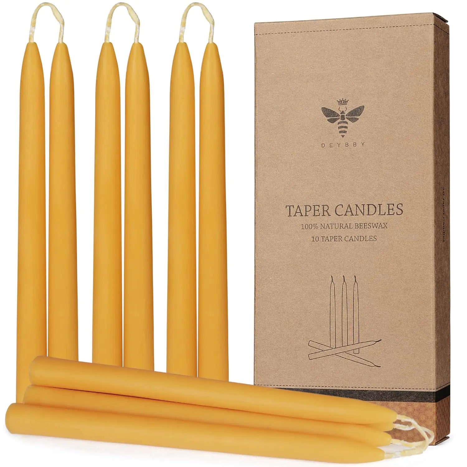 Natural Beeswax Taper Candles DEYBBY Smokeless and Dripless Beeswax Candles 9Hrs Burn Time Nontoxic 10 inch 10 Pack