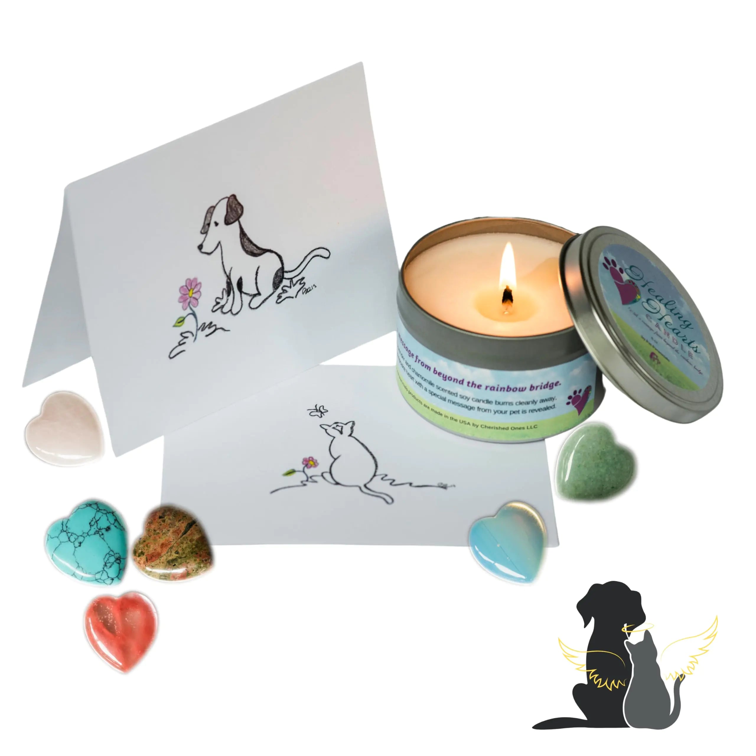 Pet Perennials Healing Hearts Dog Memorial Remembrance Soy Candle with Keepsake Stone (Embed) & Dog Pet Loss Sympathy Card