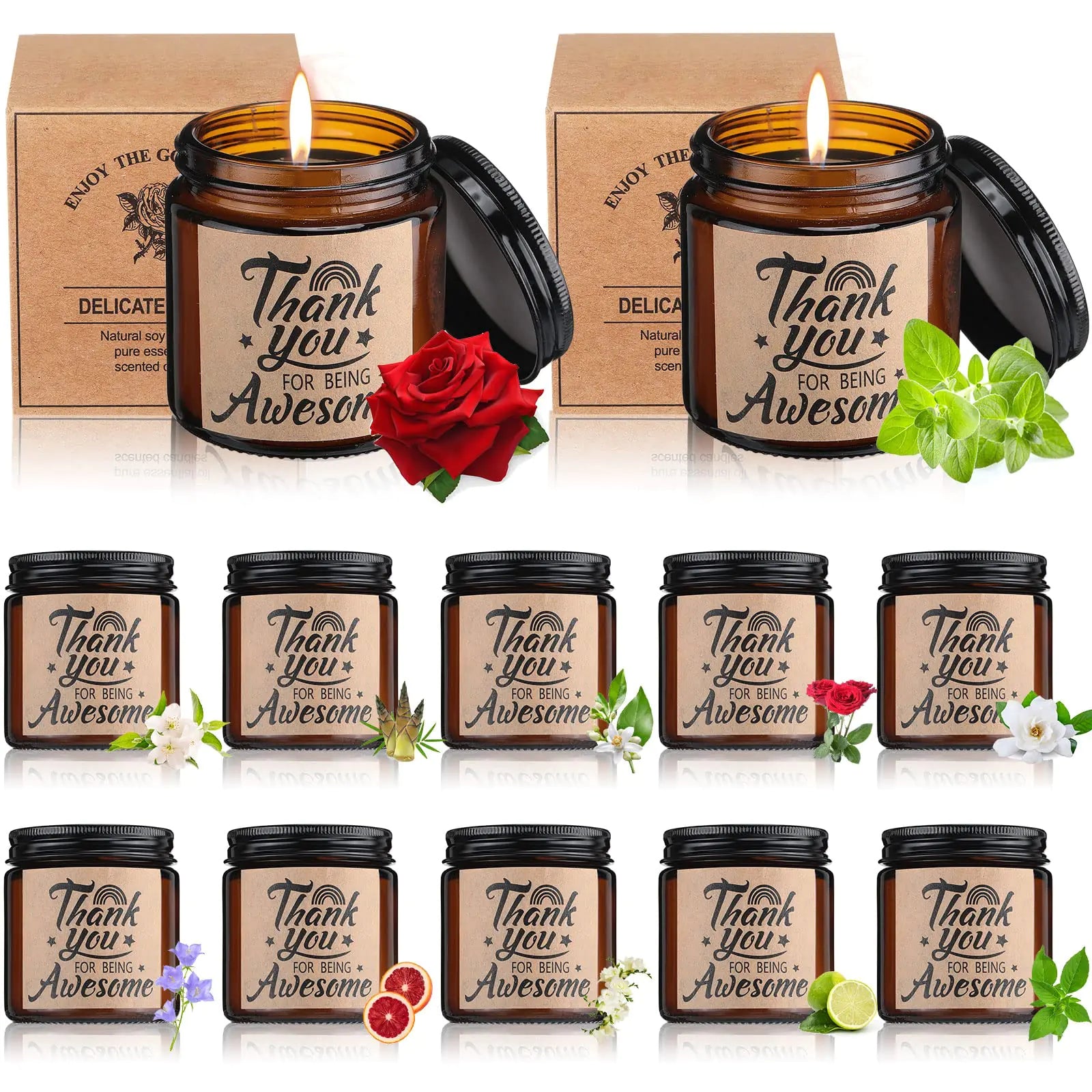 Treela 12 Pcs Thank You Candle Gifts 3.5 Oz Organic Aromatherapy Jar Candles Bulk You are Awesome Inspirational Scented Candles Gifts Set for Women Nurses Teachers Stress Relief (Brown)