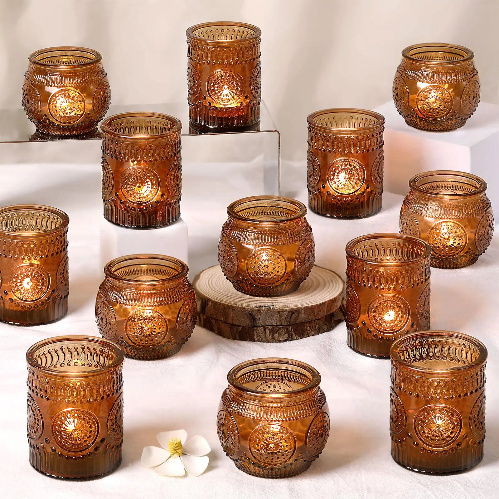 24Pcs Amber Votive Glass Holders - Vintage Embossed Candle Set for Weddings & Home Decor