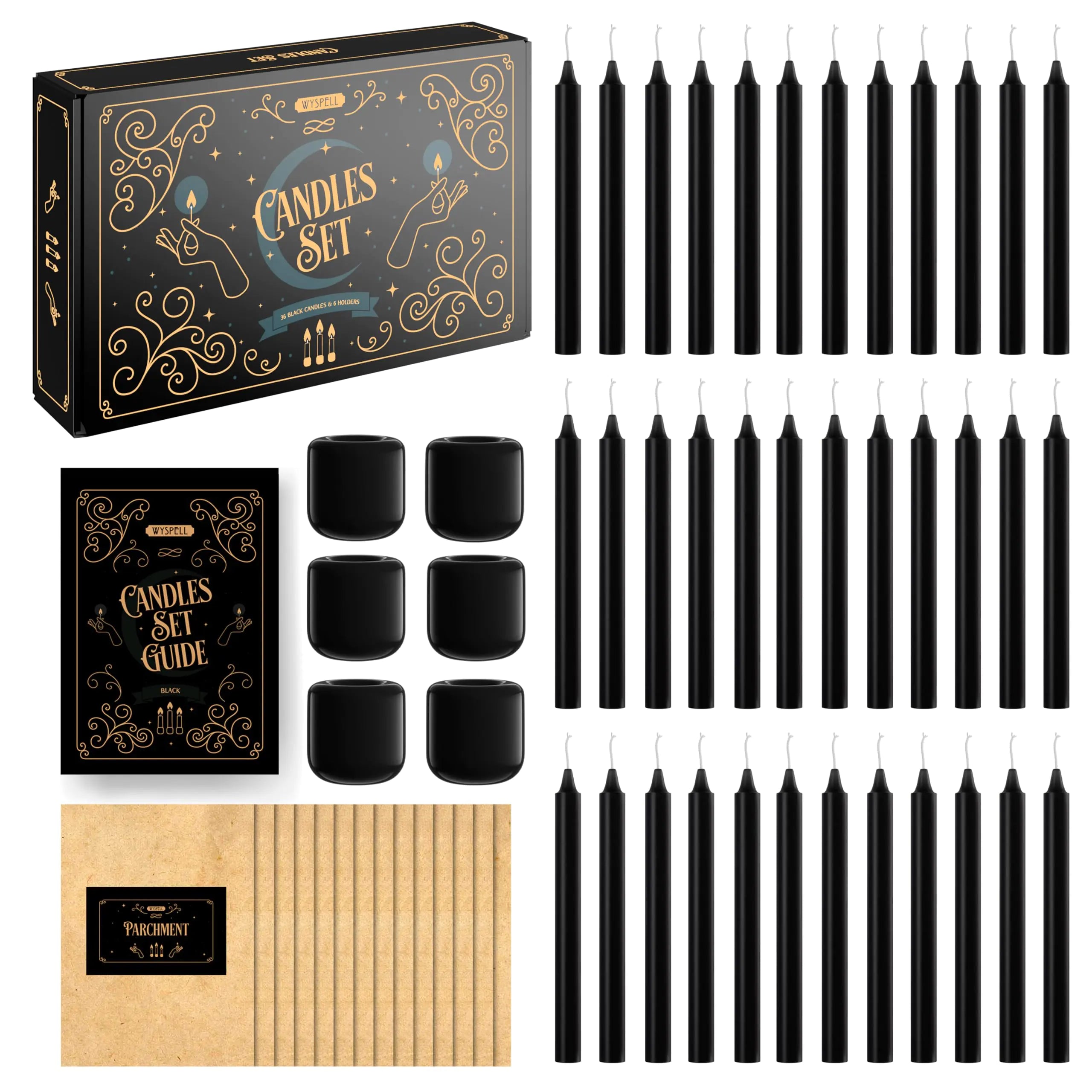 DarkMystic - 36 Black Ritual Candles | 5" Spell Candles with Holders | Witchcraft & Decor