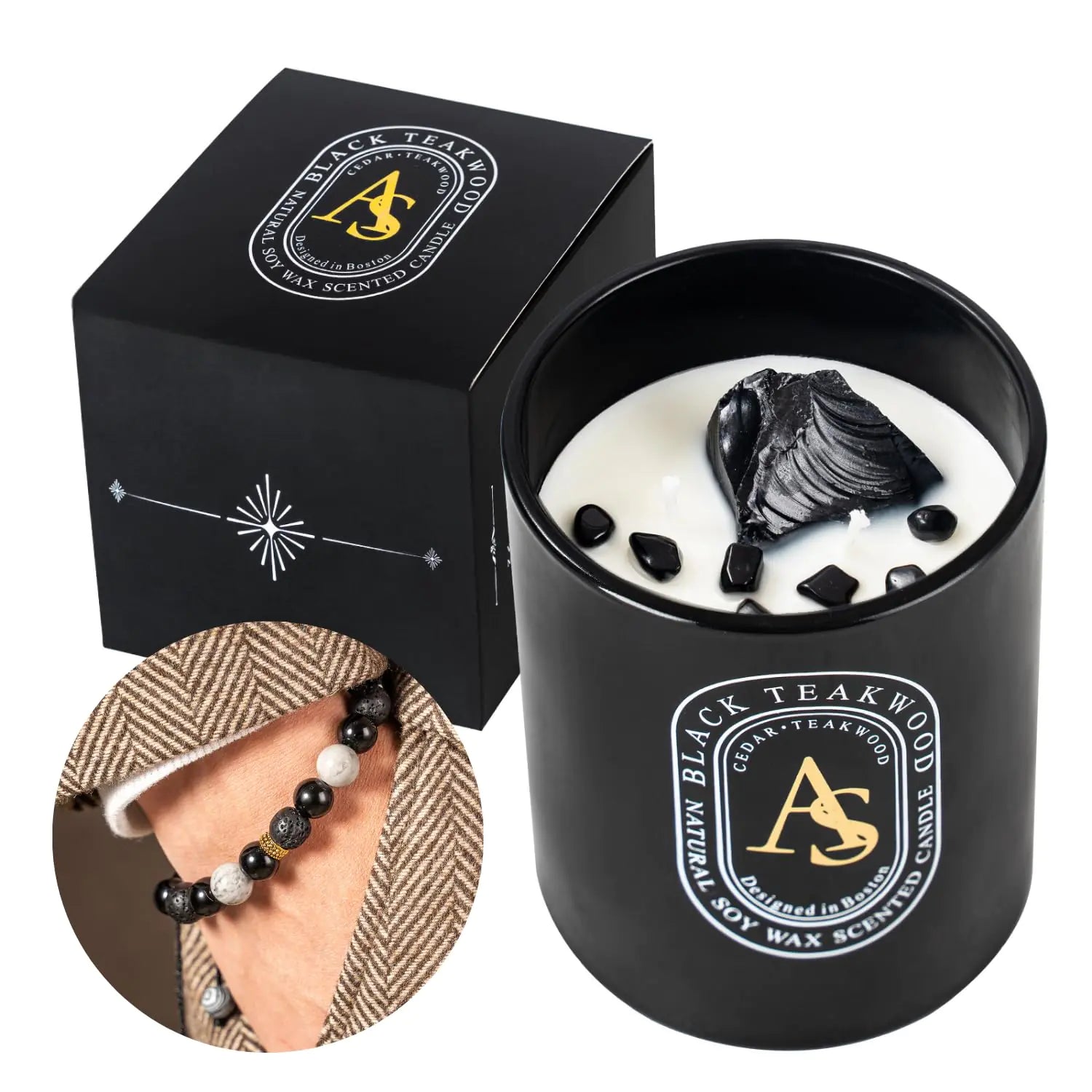 Scented Candle for Men with Luxurious Obsidian Bracelet Teakwood for Home Scented Hand-Poured Natural Soy Wax Stress Relief Masculine Gift for Men Dad Boyrfriend Powerful Manifestation Crystals