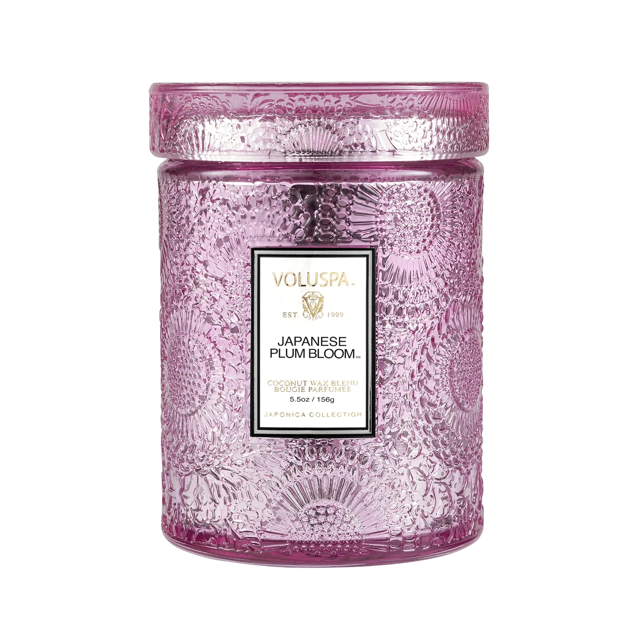 Voluspa Japanese Plum Bloom Small Candle Jar 5.5 oz 50 Hour Burn Time All Natural Wicks and Coconut Wax for Clean Burning Vegan Poured in The USA