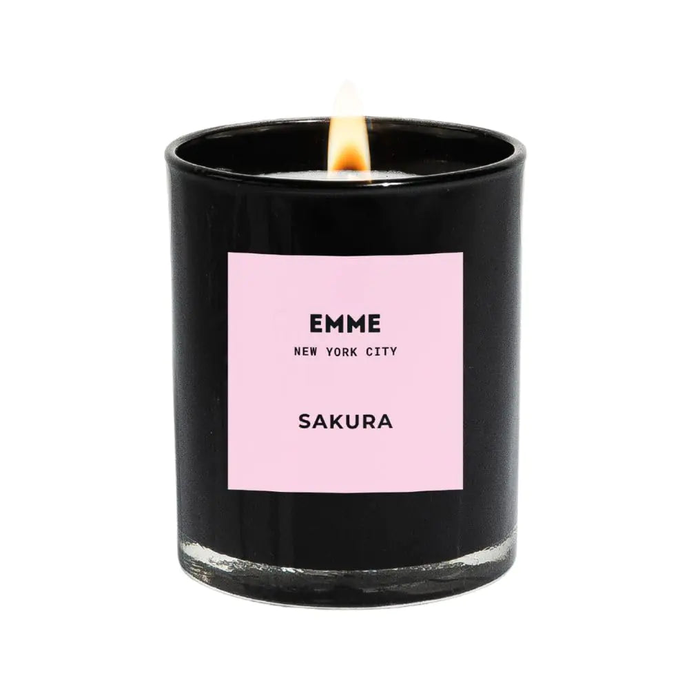EMME NYC Scented Candle Jar - Black Glass Soy Natural Non-Toxic Pet-Safe Up to 60 Hours Burn Time Wood Wick Strong Scent Cruelty-Free 10 oz - Best Smelling Scented Candles (Sakura)