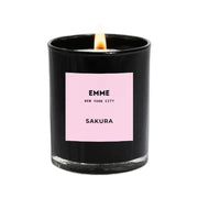EMME NYC Scented Candle Jar - Black Glass Soy Natural Non-Toxic Pet-Safe Up to 60 Hours Burn Time Wood Wick Strong Scent Cruelty-Free 10 oz - Best Smelling Scented Candles (Sakura)