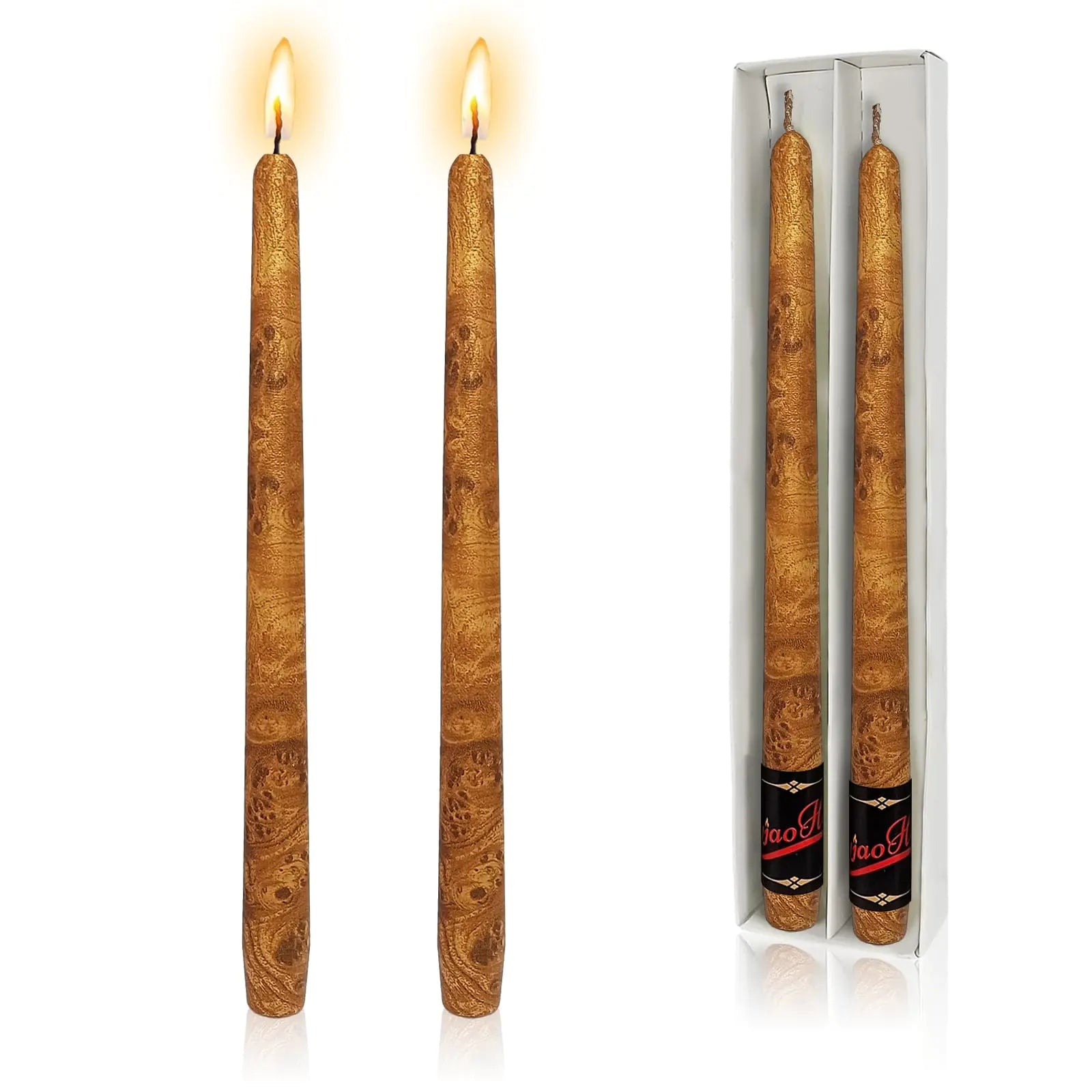 Rustic Wood Print Taper Candles 10inch Set of 2
