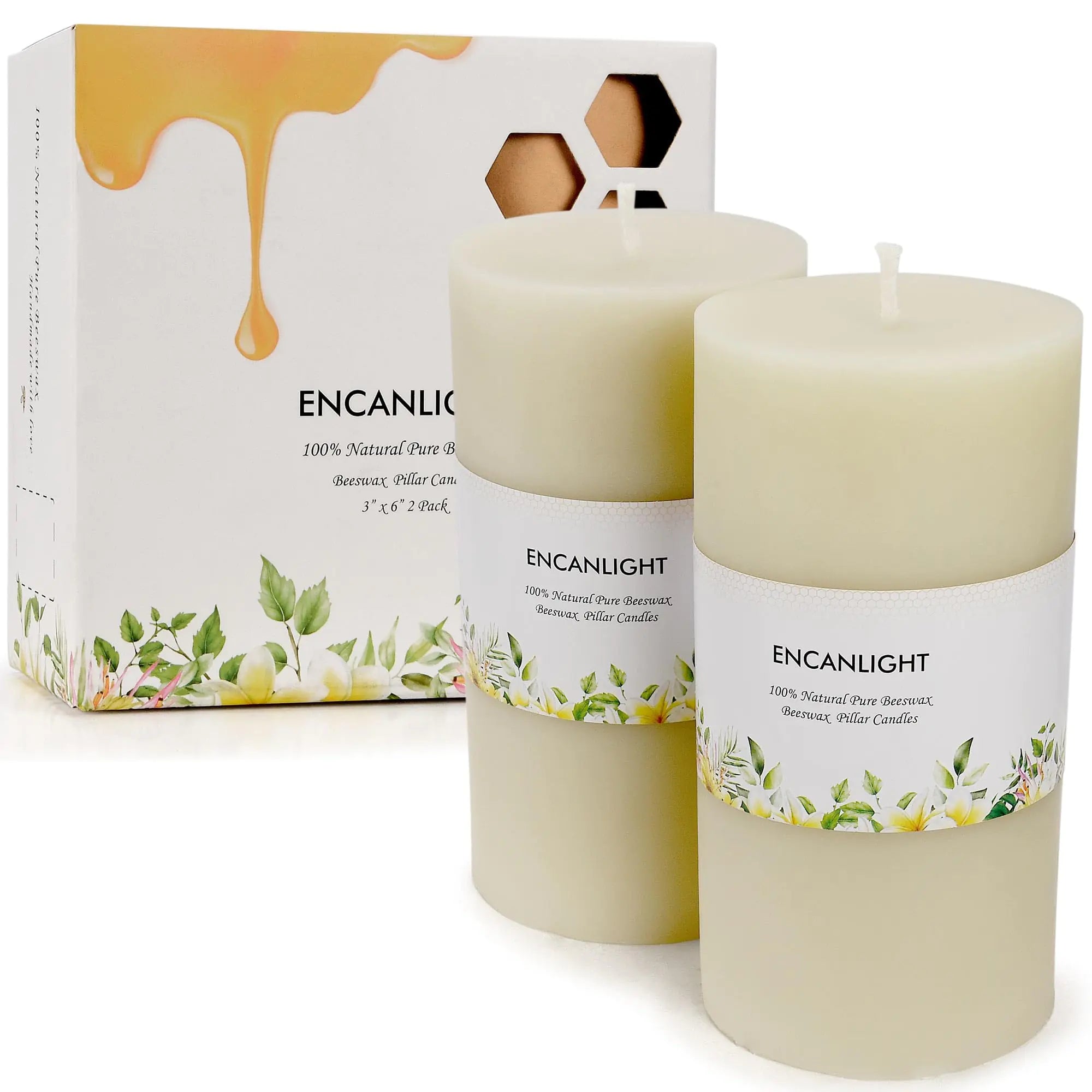 Beeswax Pillar Candles 3x6 Inch White Ivory Natural Bees Wax Candle Set of 2 Unscented Smokeless and Dripless 95-100 Hours Long Burning Time for Home Decor Party Wedding